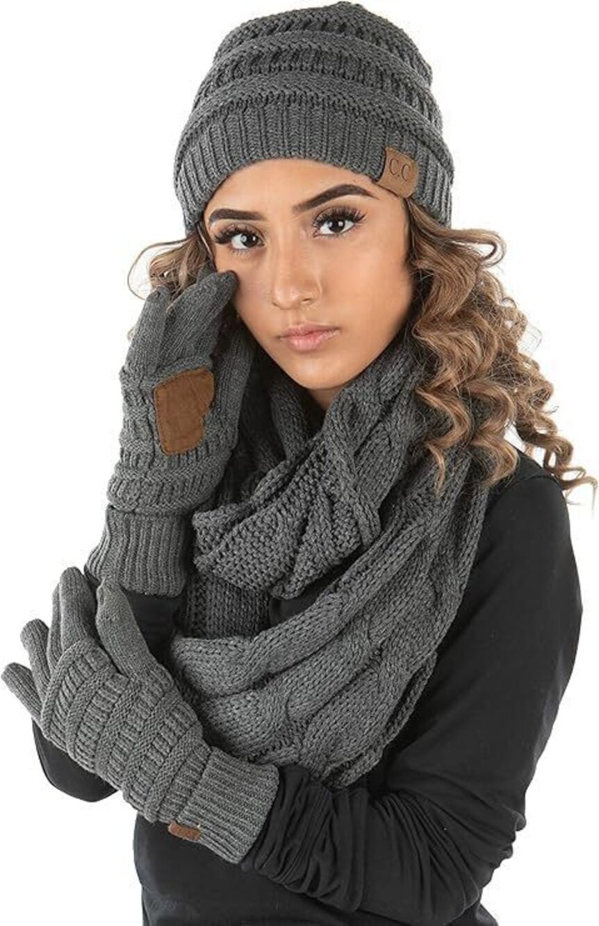 8952 Matching 3 Pack Beanie, Glove, & Scarf Bundle: Charcoal
